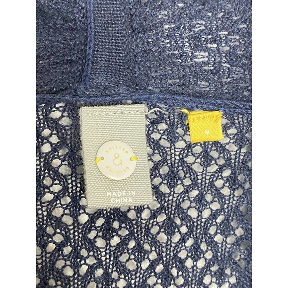 Anthropologie Knitted & Knotted Navy Blue Linen Crochet Cardigan Sweater Size M - Picture 3 of 6
